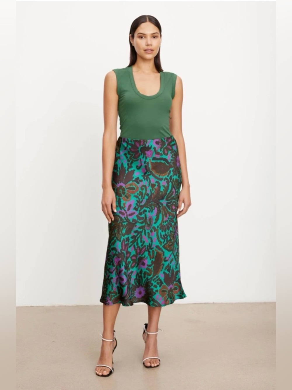 Velvet by Graham & Spencer Kaiya Green and Purple Printed Satin Skirt